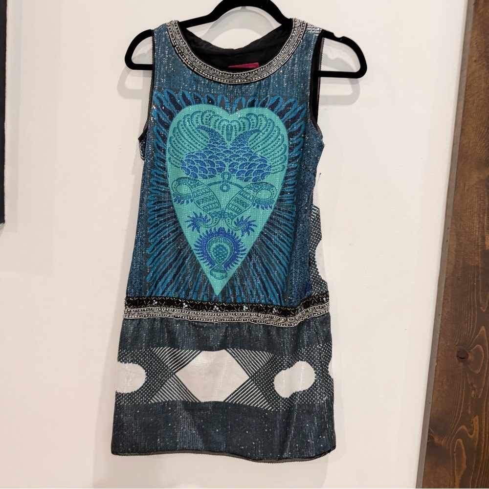Custo Barcelona Teal & Navy Heart Motif Sleeveless Dress